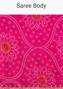 Pink Muslin Bandhani Printed Saree With Zari And Mirror Embroidery
