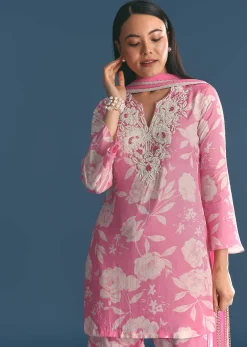 Pink Muslin Floral Print Kurta Sharara Suit With Moti Cutdana Work