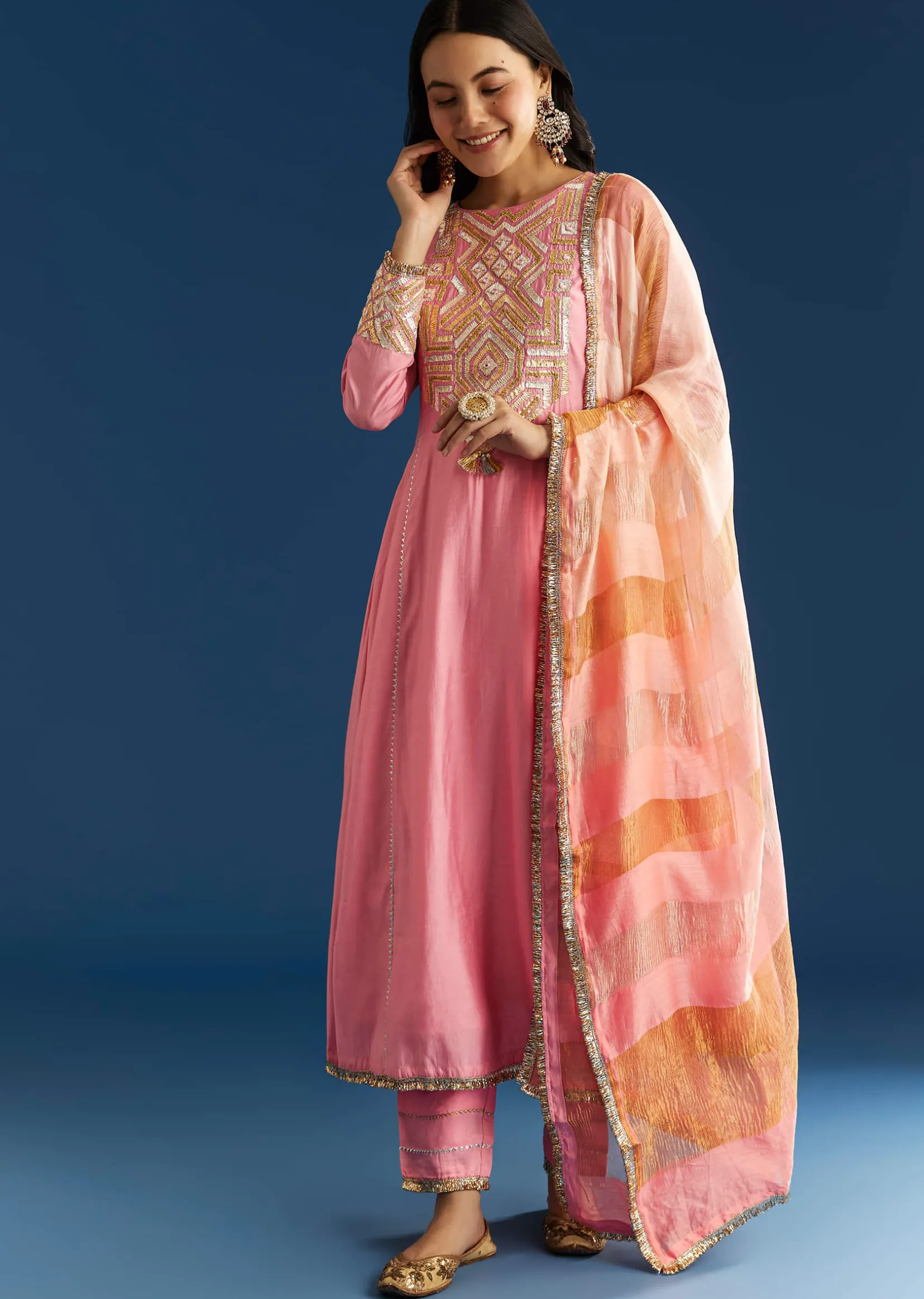 Pink Muslin Gotta Work Anarkali With Gotta Lace Pant And Dupatta