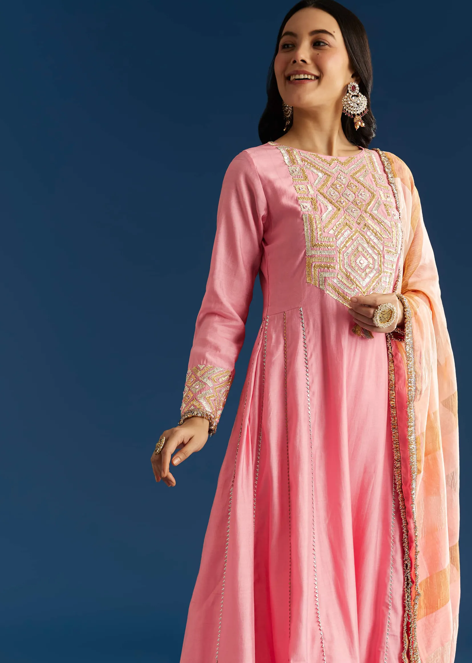 Pink Muslin Gotta Work Anarkali With Gotta Lace Pant And Dupatta