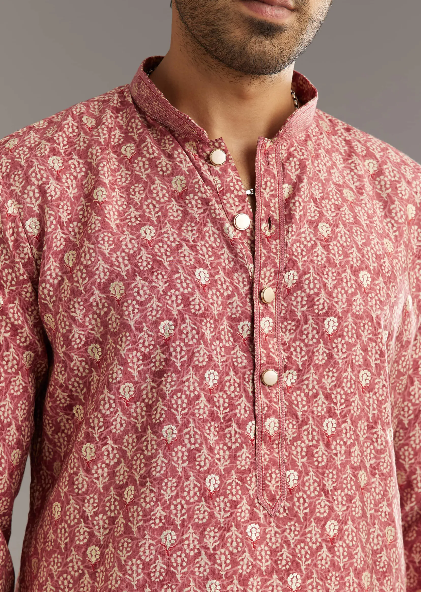 Pink Muslin Kurta Set With Symmetric Prints