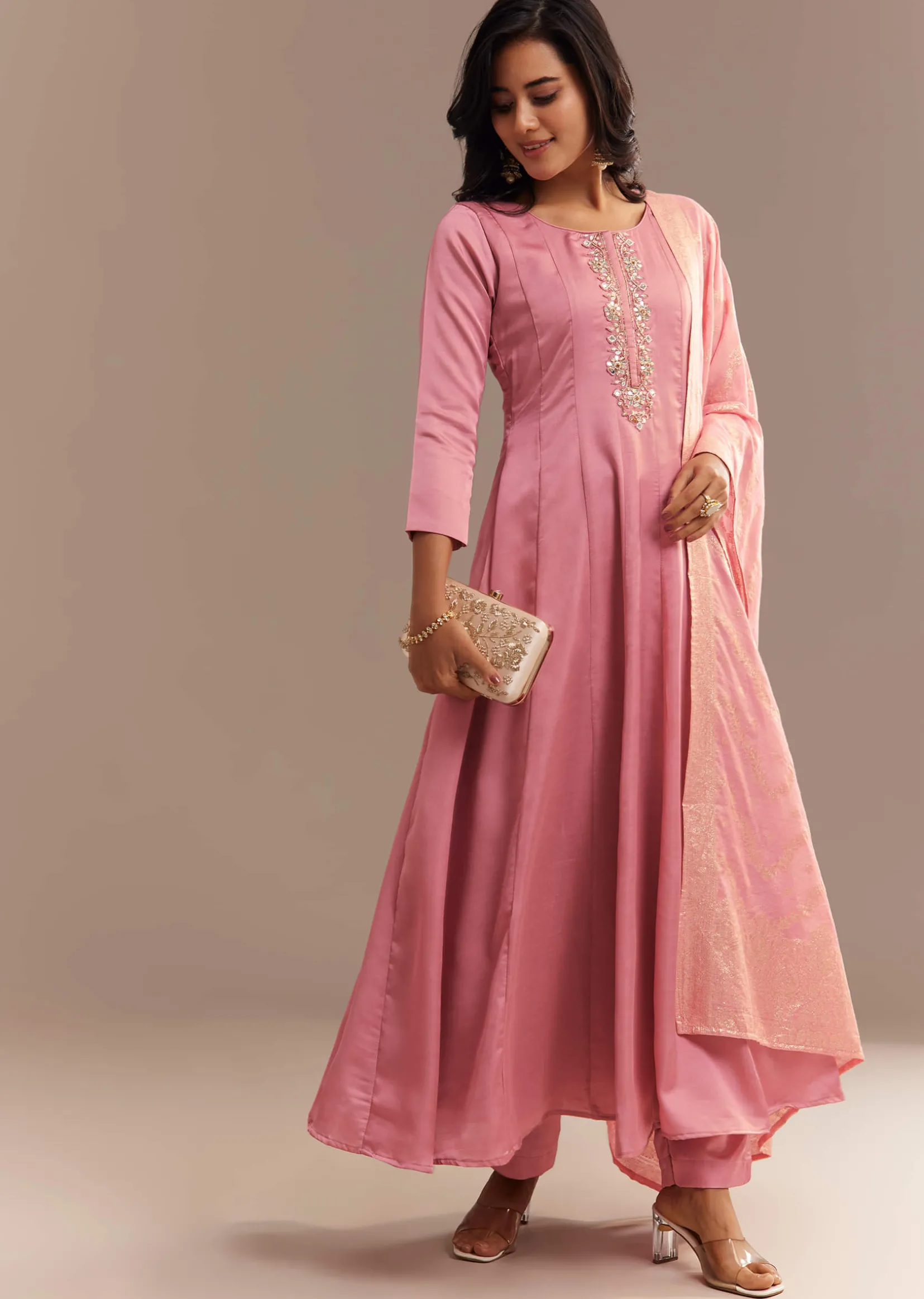 Pink Muslin Mirror Embroidered Anarkali Set