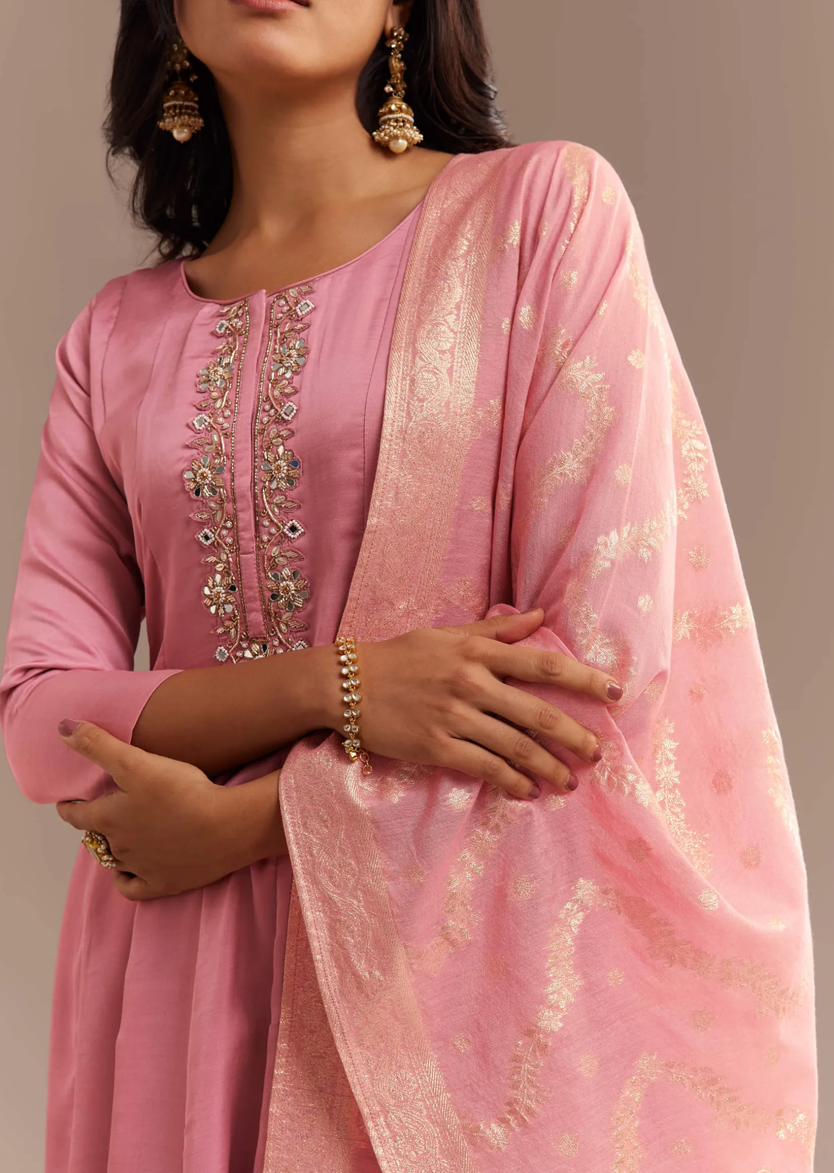 Pink Muslin Mirror Embroidered Anarkali Set