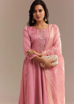 Pink Muslin Mirror Embroidered Anarkali Set