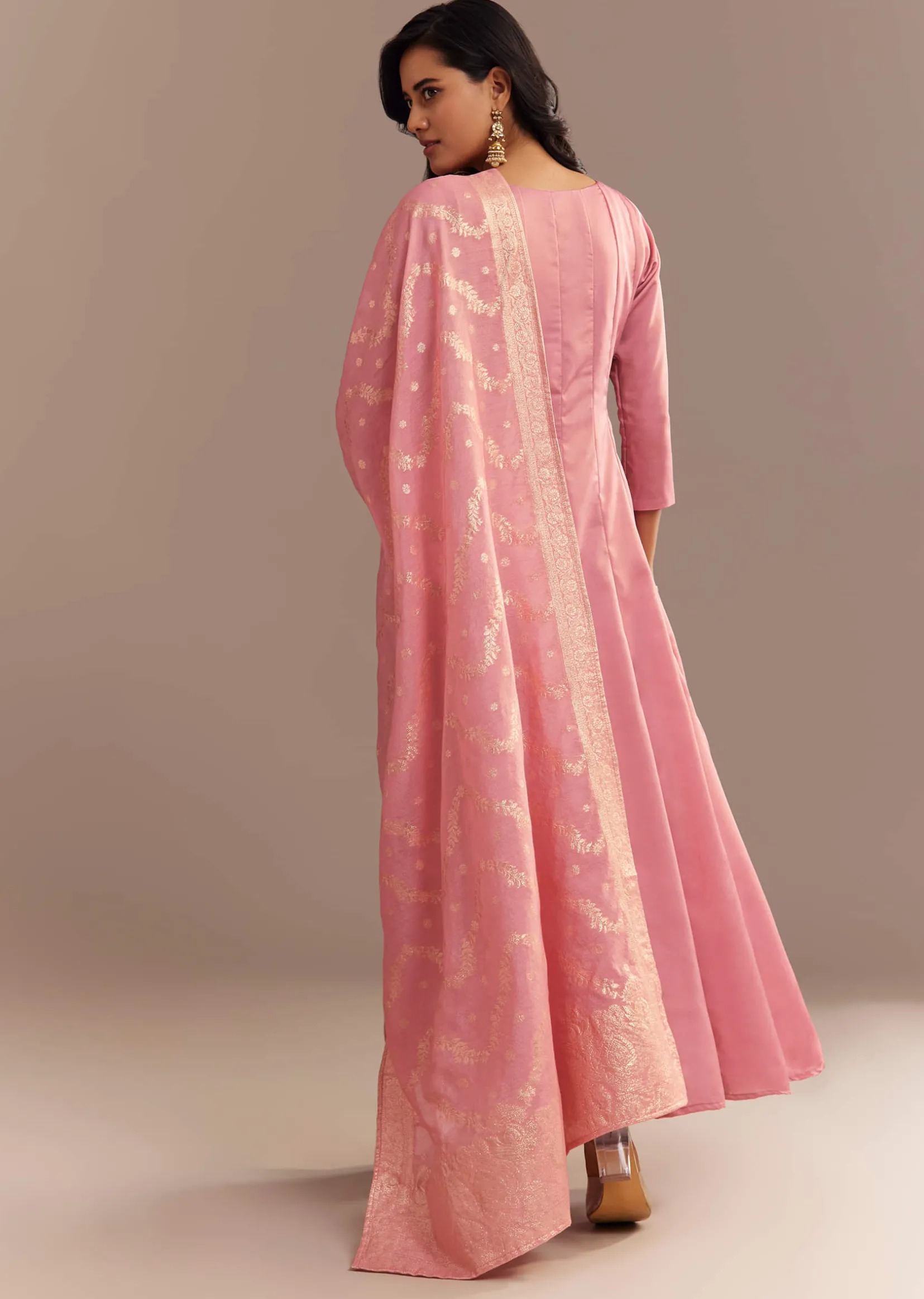 Pink Muslin Mirror Embroidered Anarkali Set