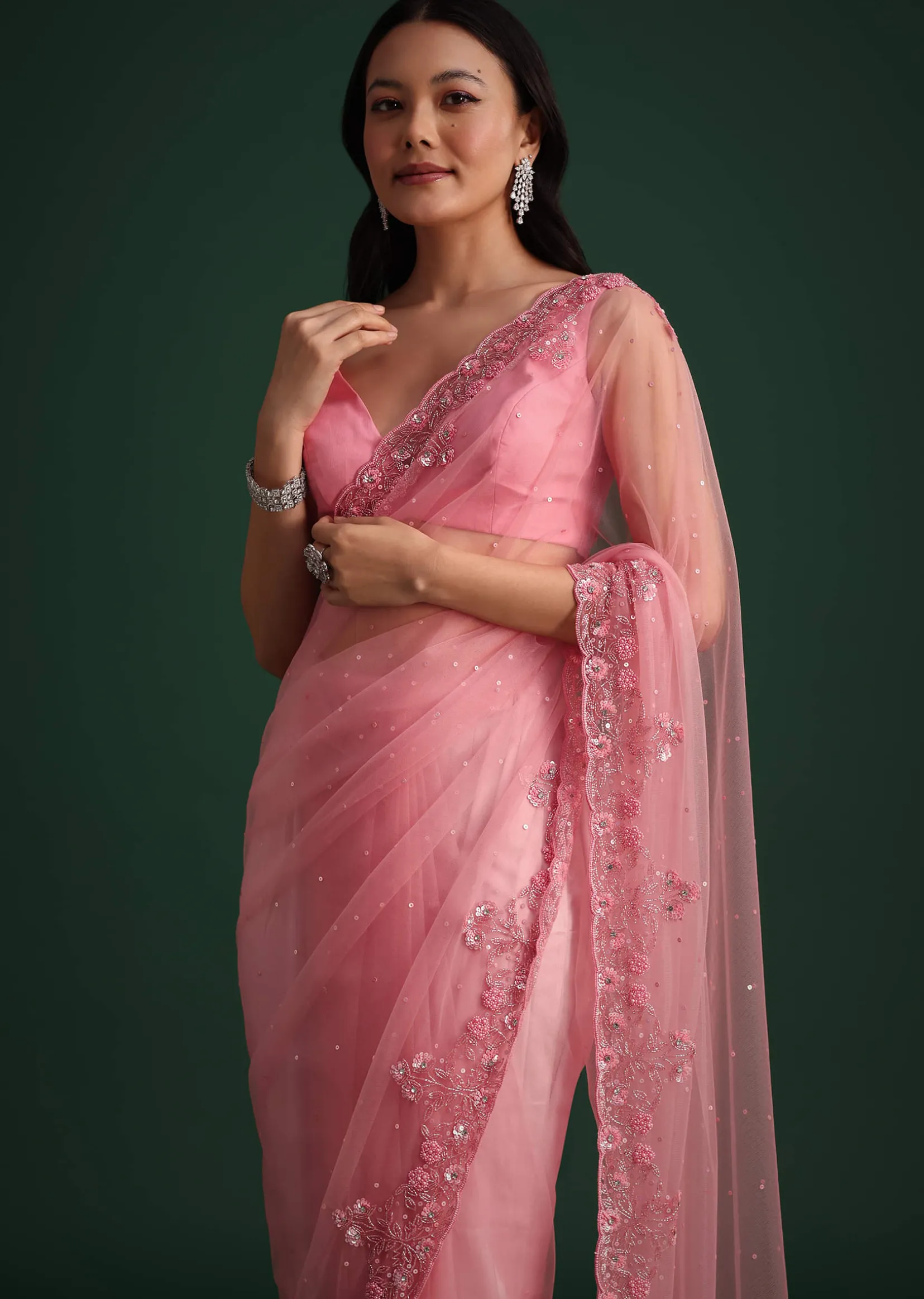 Pink Net Embroidered Saree With Cudtana And Sequin Work