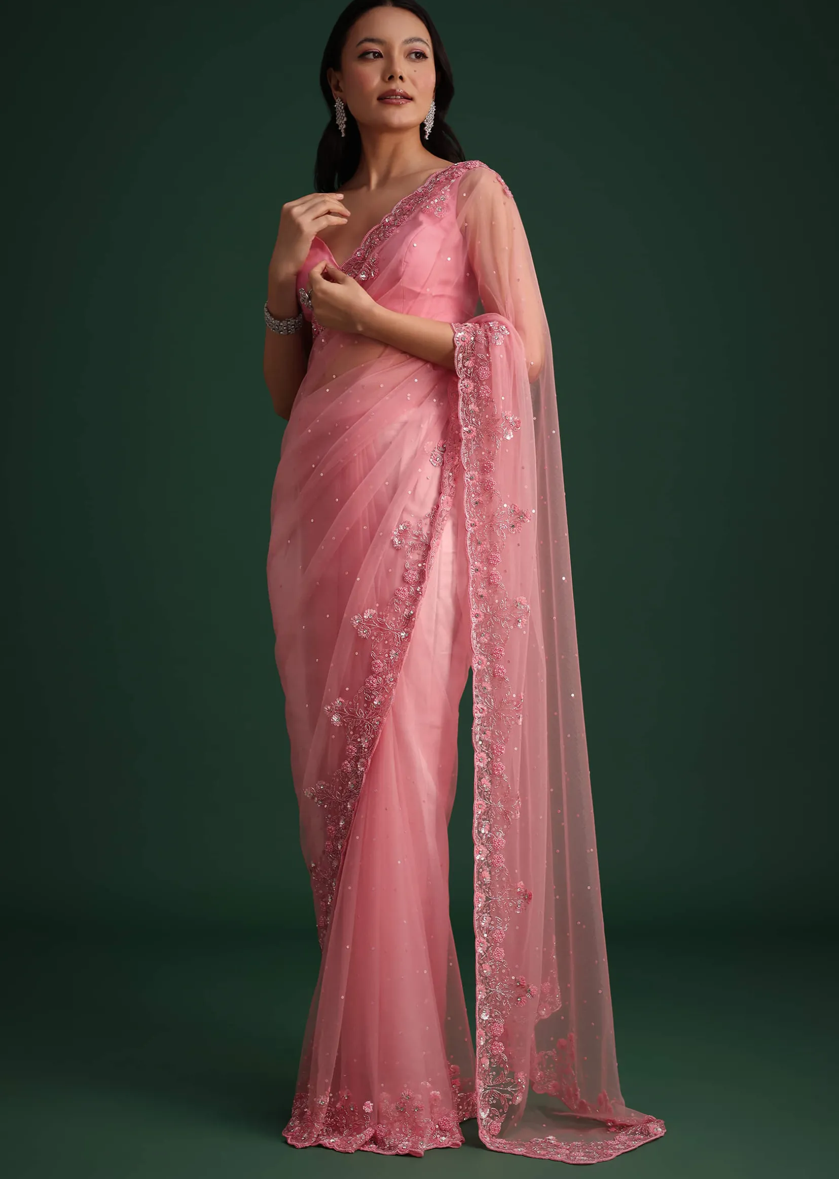 Pink Net Embroidered Saree With Cudtana And Sequin Work