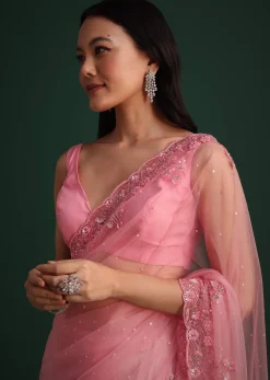 Pink Net Embroidered Saree With Cudtana And Sequin Work