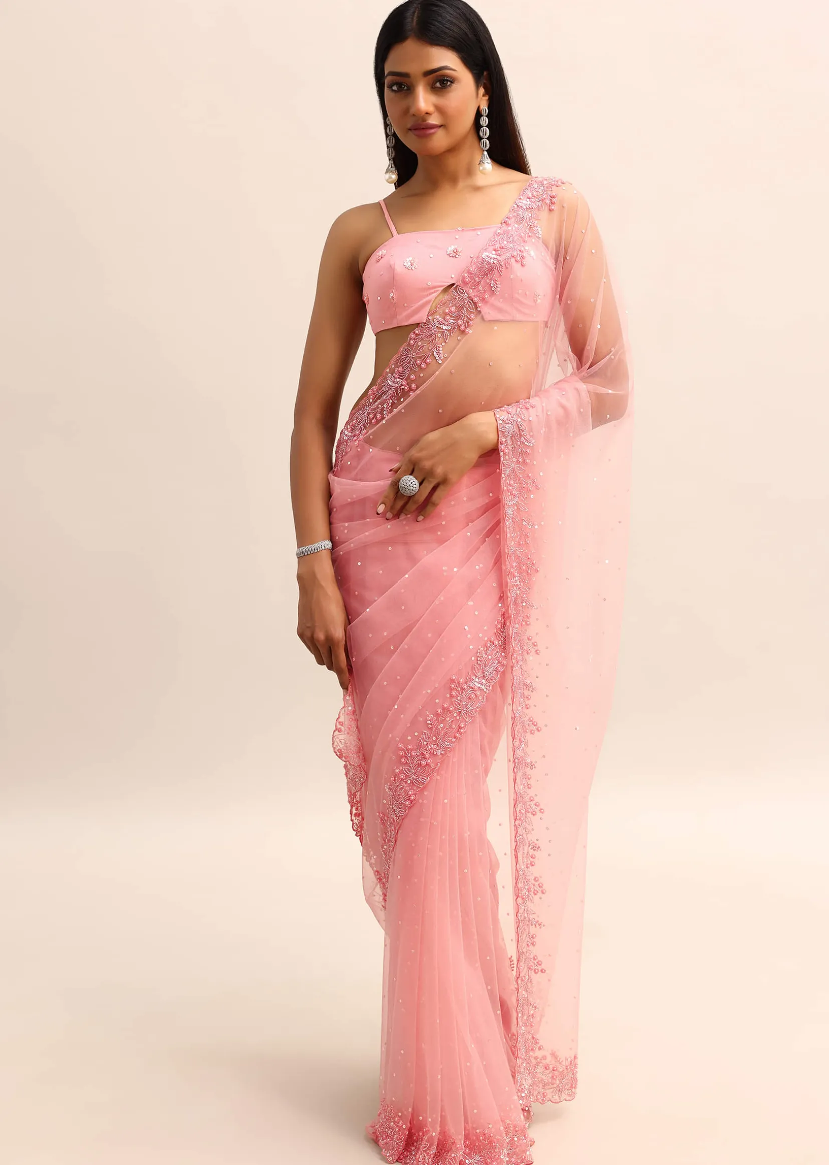 Pink Net Embroidered Saree With Unstitched Blouse