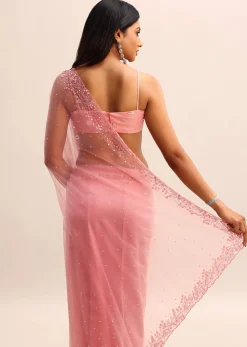 Pink Net Embroidered Saree With Unstitched Blouse