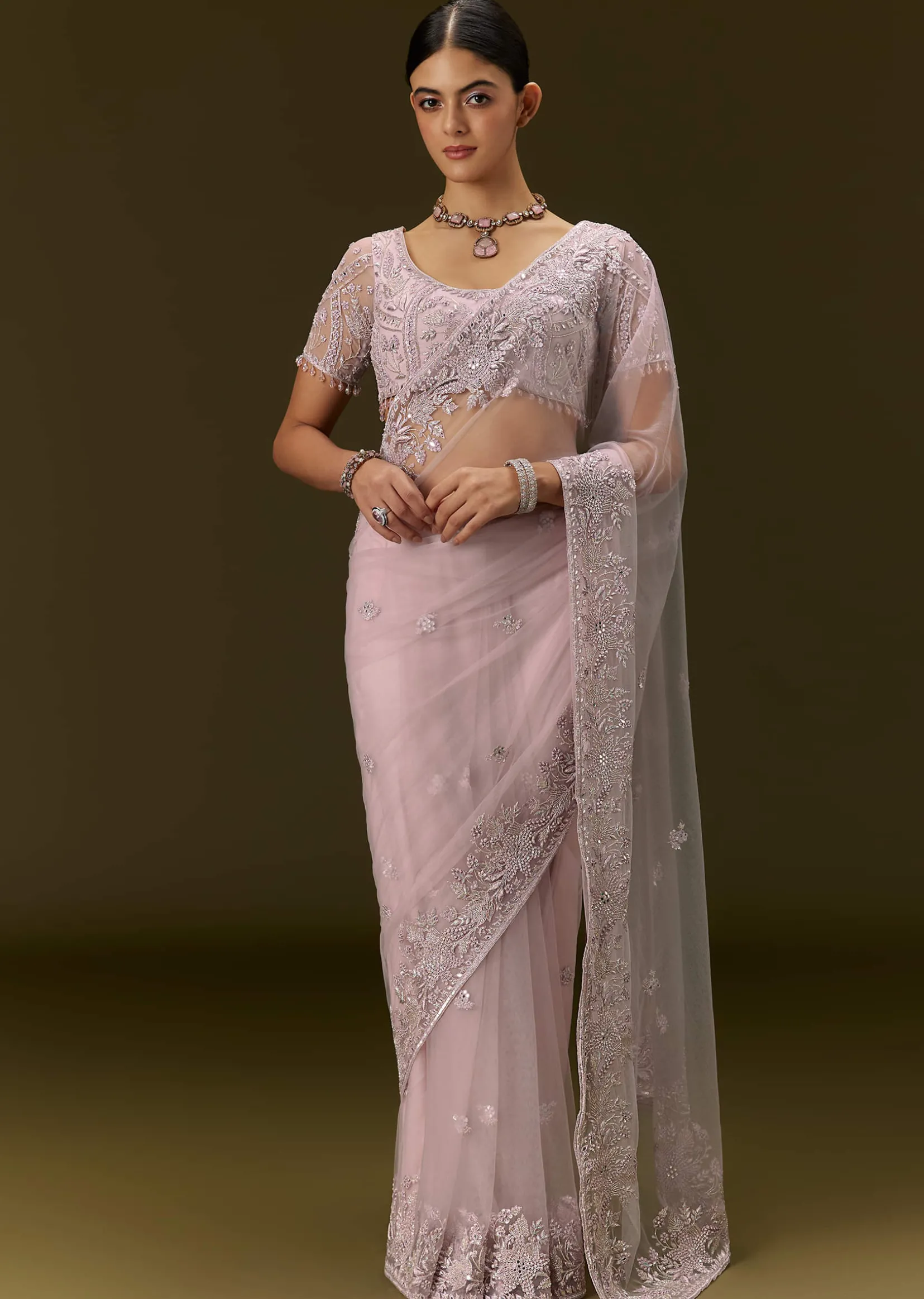 Pink Net Saree With All Over Embroidery