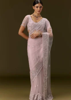 Pink Net Saree With All Over Embroidery