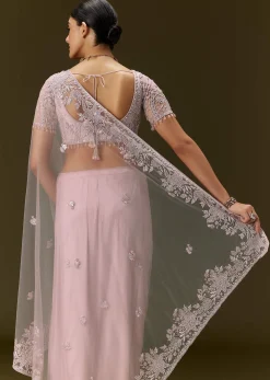Pink Net Saree With All Over Embroidery