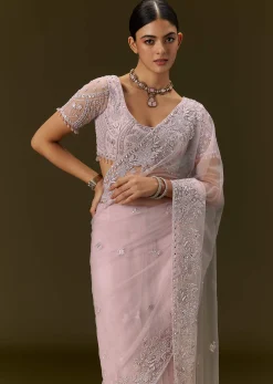 Pink Net Saree With All Over Embroidery