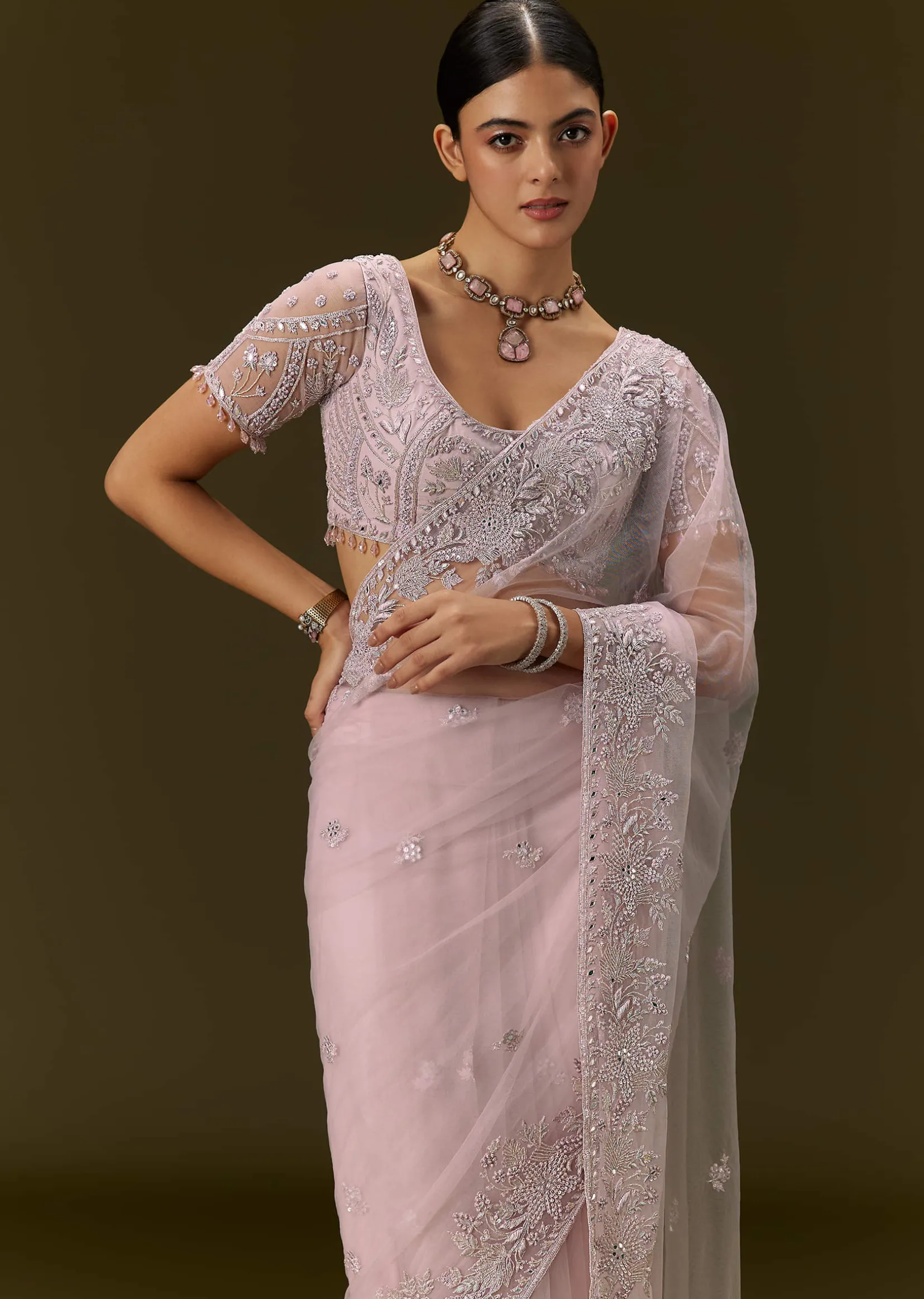 Pink Net Saree With All Over Embroidery
