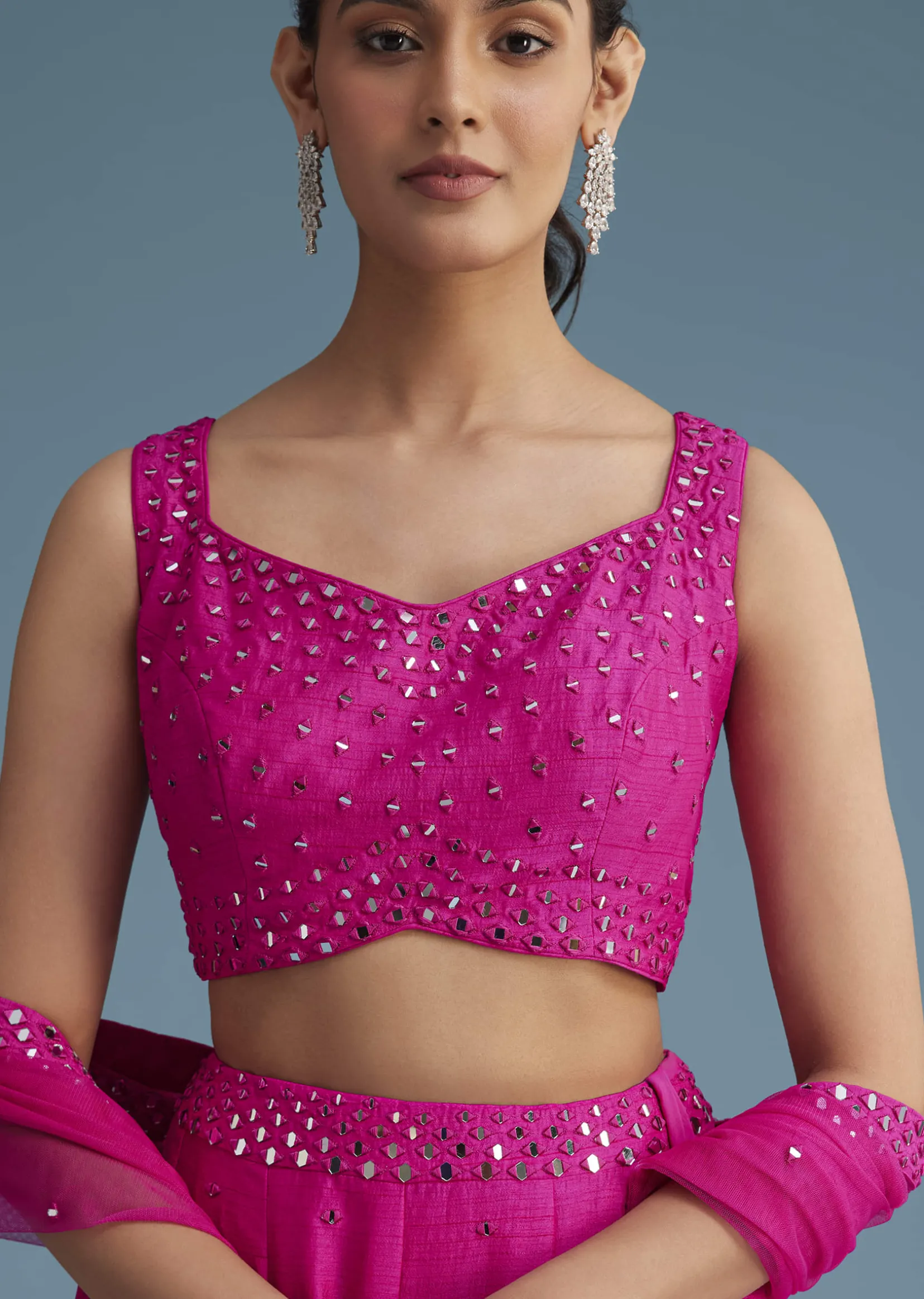 Pink Nysa Silk Lehenga Set With Mirror Work
