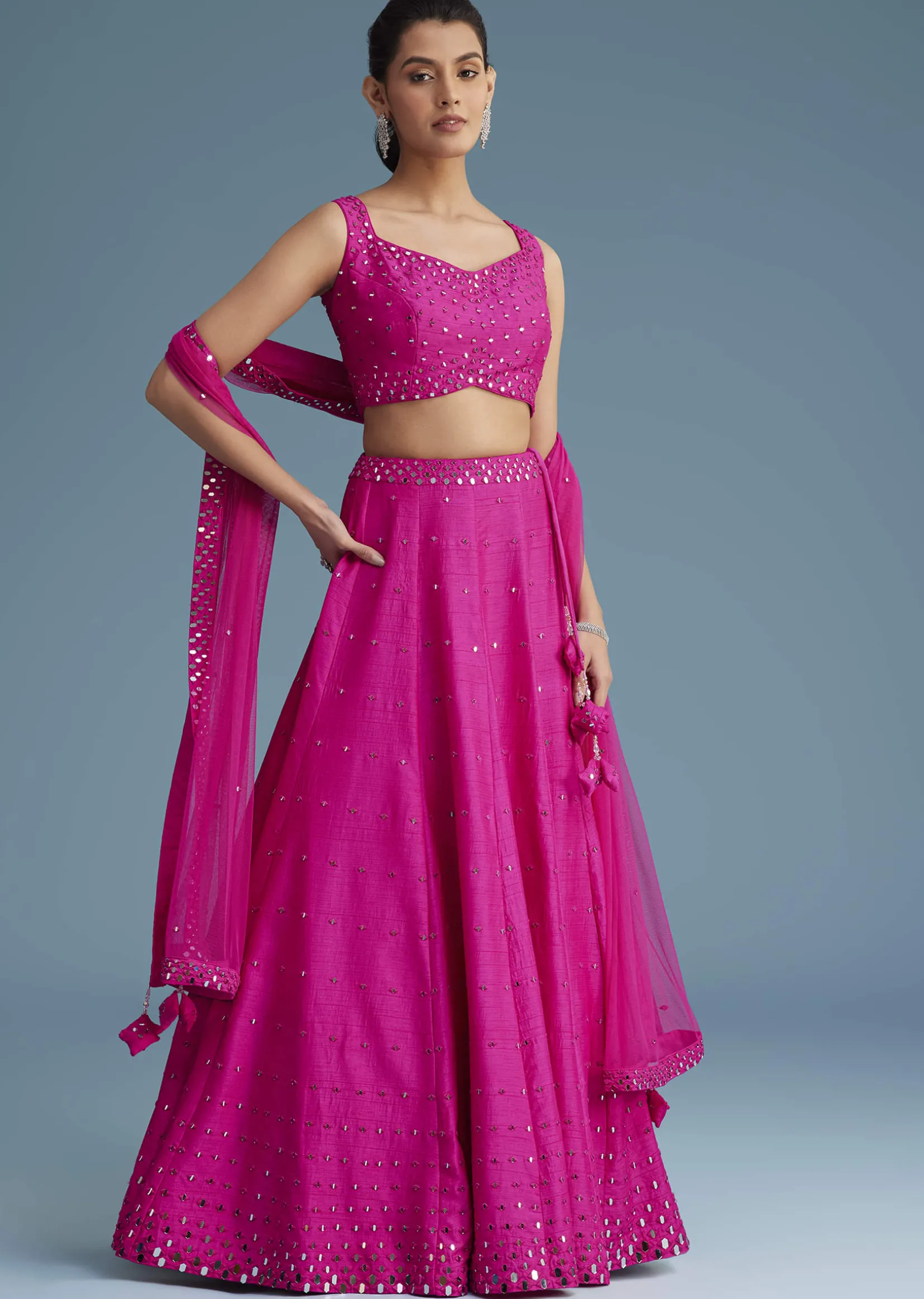 Pink Nysa Silk Lehenga Set With Mirror Work