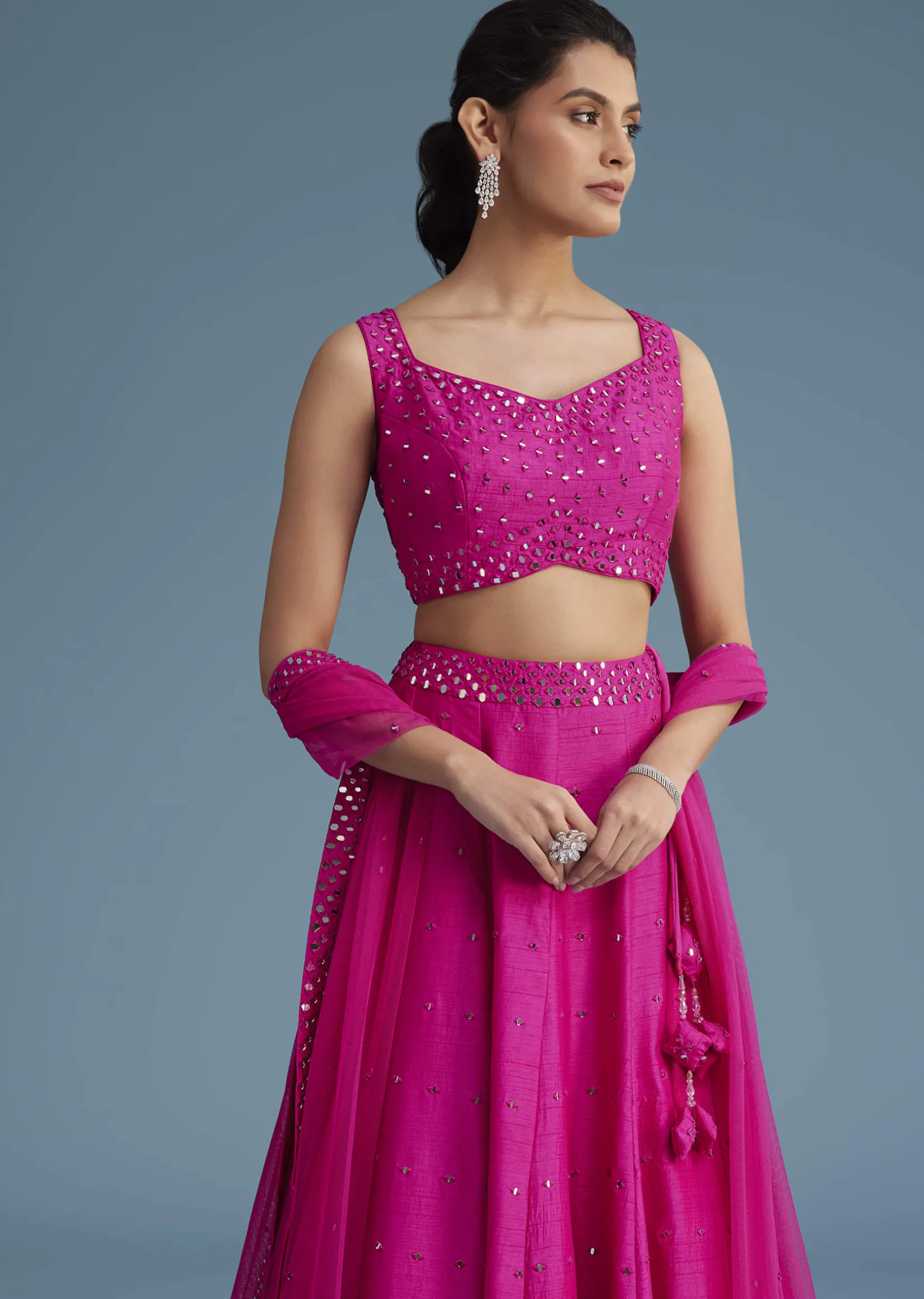Pink Nysa Silk Lehenga Set With Mirror Work