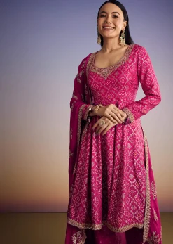 Pink Ombre Bandhani Anarkali Suit With Zardosi Neckline