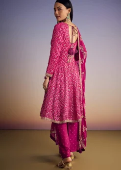 Pink Ombre Bandhani Anarkali Suit With Zardosi Neckline