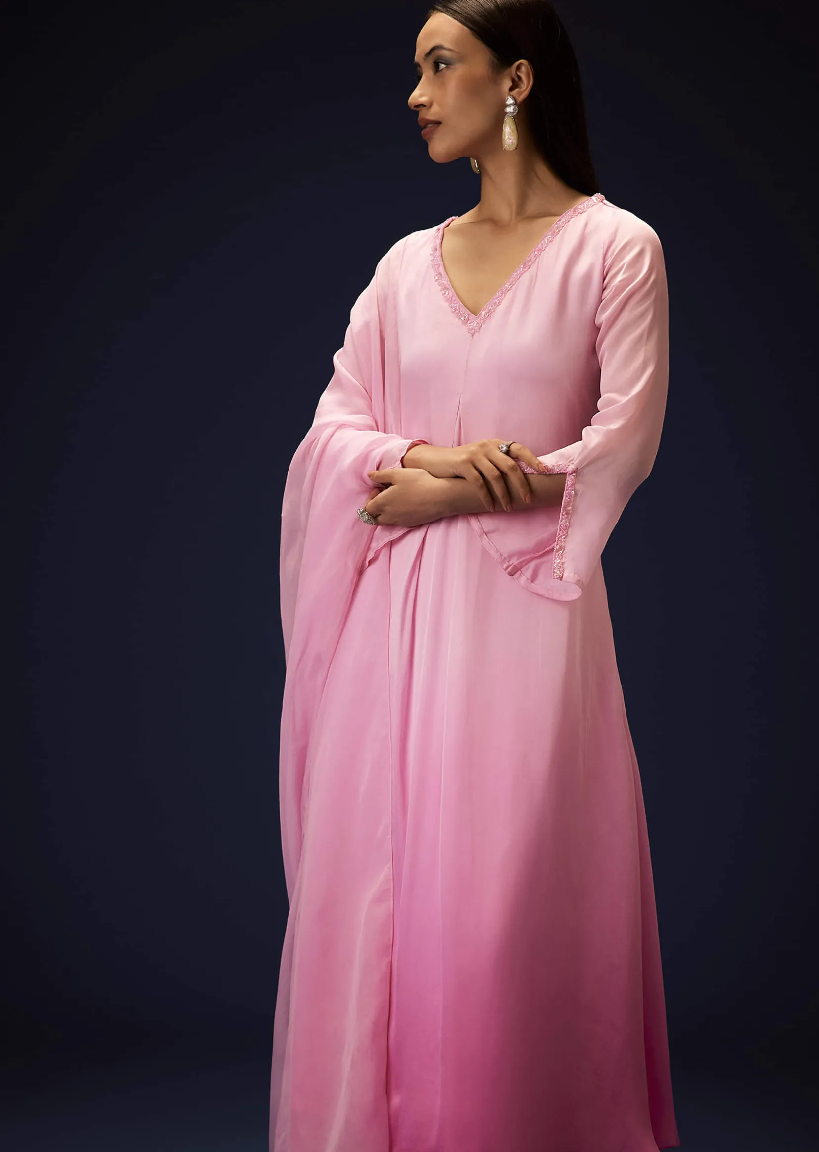 Pink Ombre Bell Sleeved Kurta With Palazzo And Dupatta