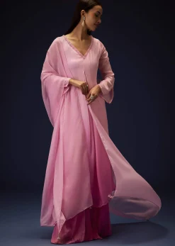 Pink Ombre Bell Sleeved Kurta With Palazzo And Dupatta