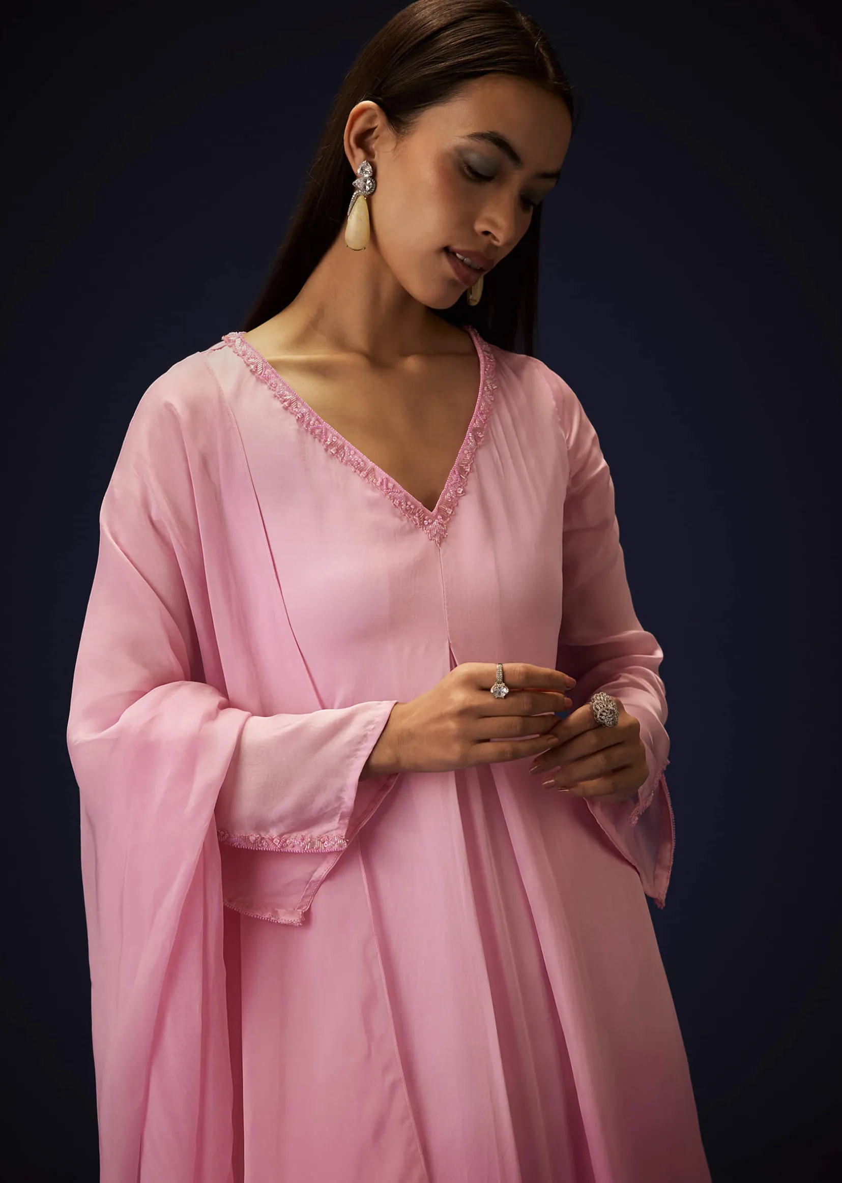 Pink Ombre Bell Sleeved Kurta With Palazzo And Dupatta