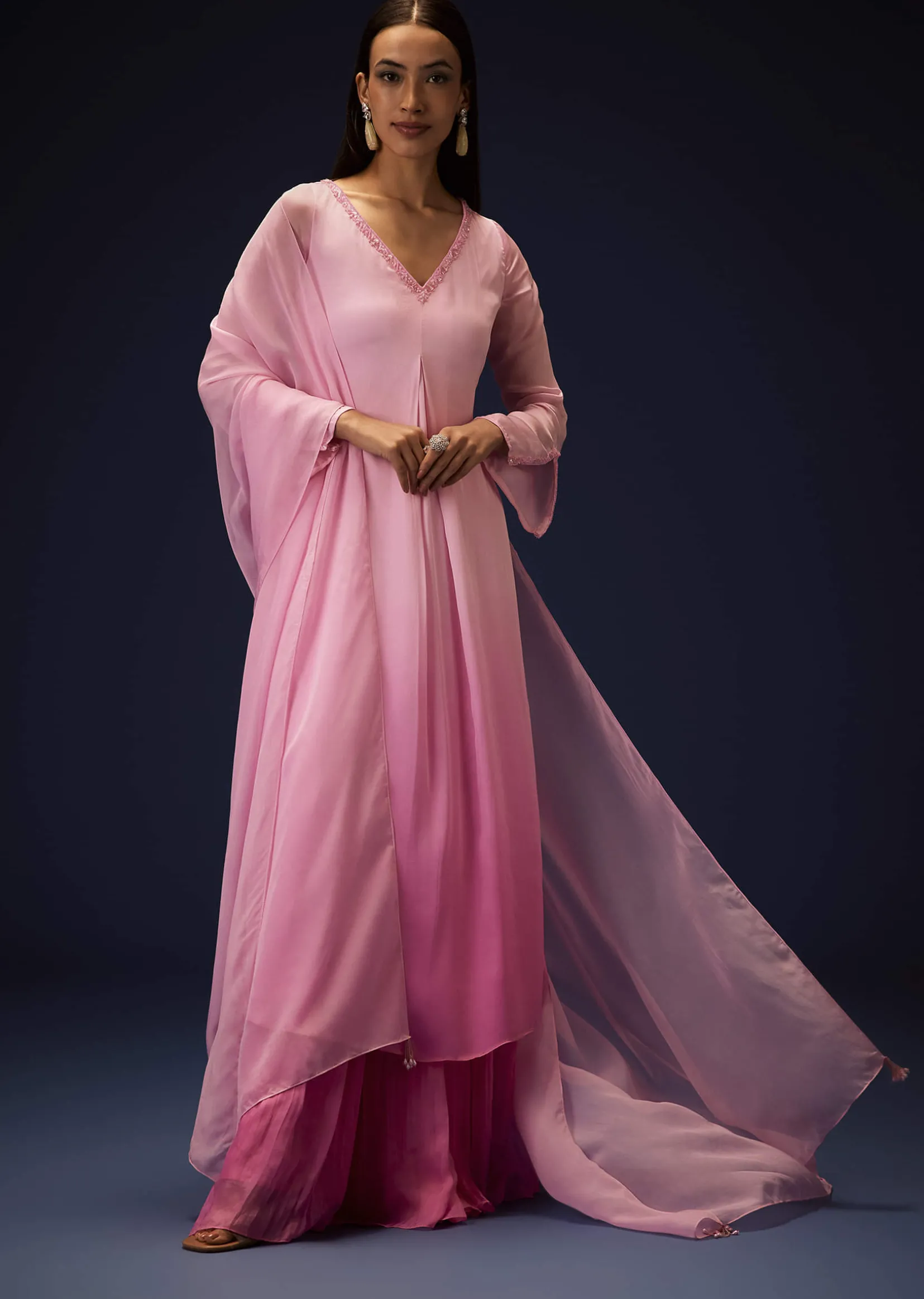 Pink Ombre Bell Sleeved Kurta With Palazzo And Dupatta