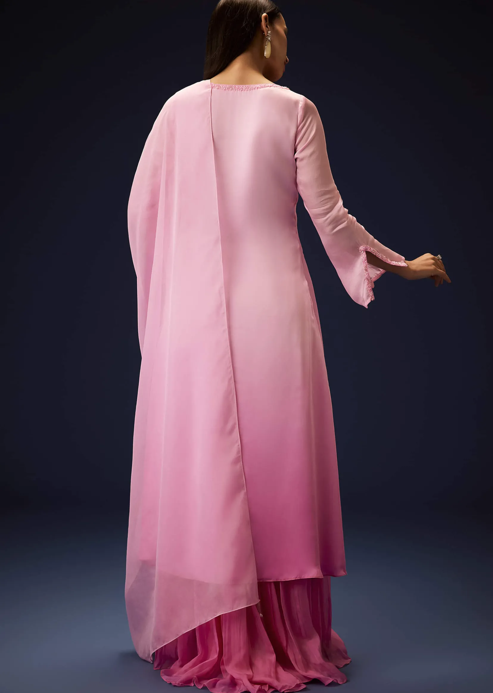 Pink Ombre Bell Sleeved Kurta With Palazzo And Dupatta