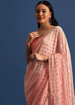 Pink Ombre Georgette Saree In Sequin With Unstitched Blouse