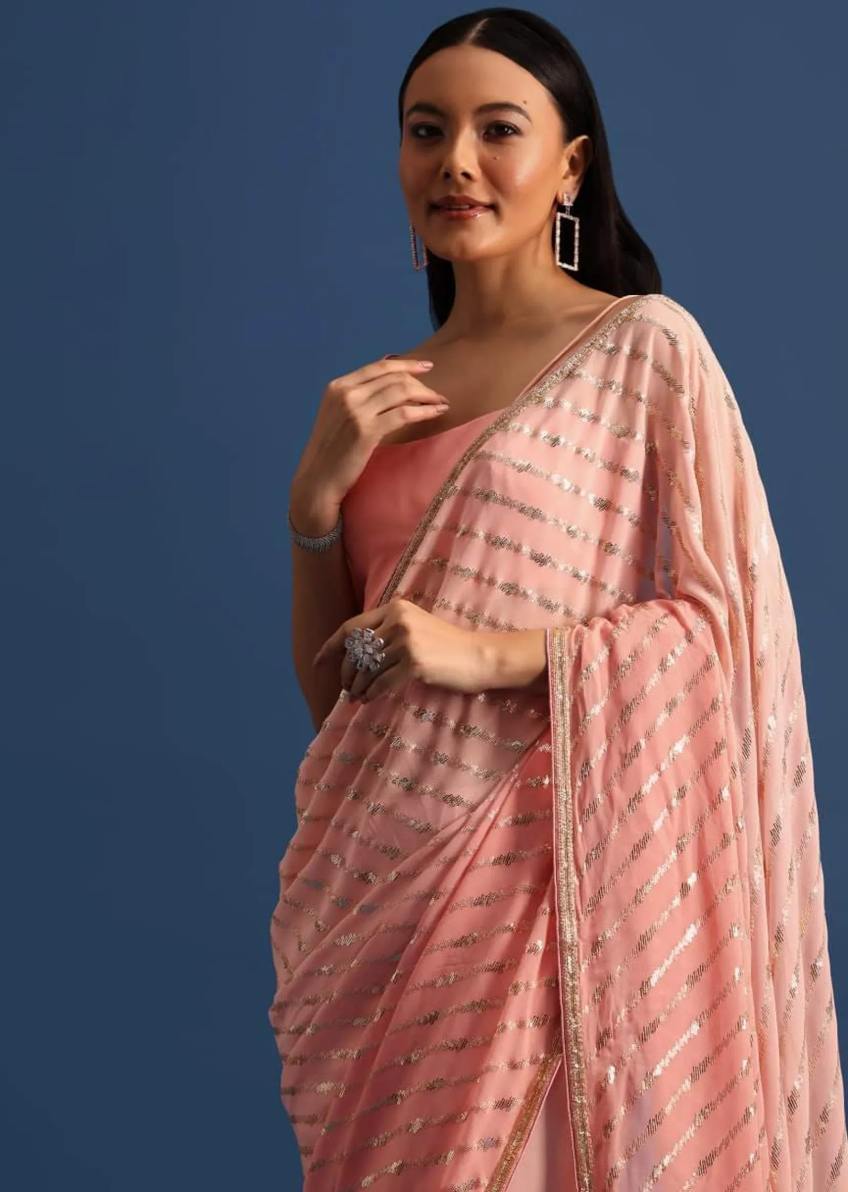 Pink Ombre Georgette Saree In Sequin With Unstitched Blouse