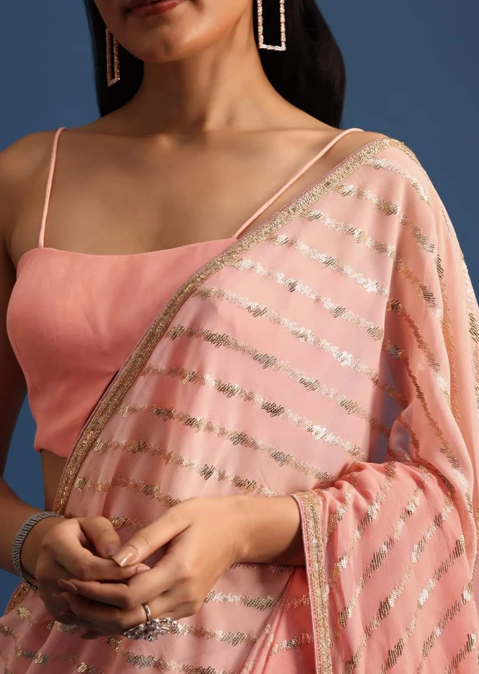 Pink Ombre Georgette Saree In Sequin With Unstitched Blouse