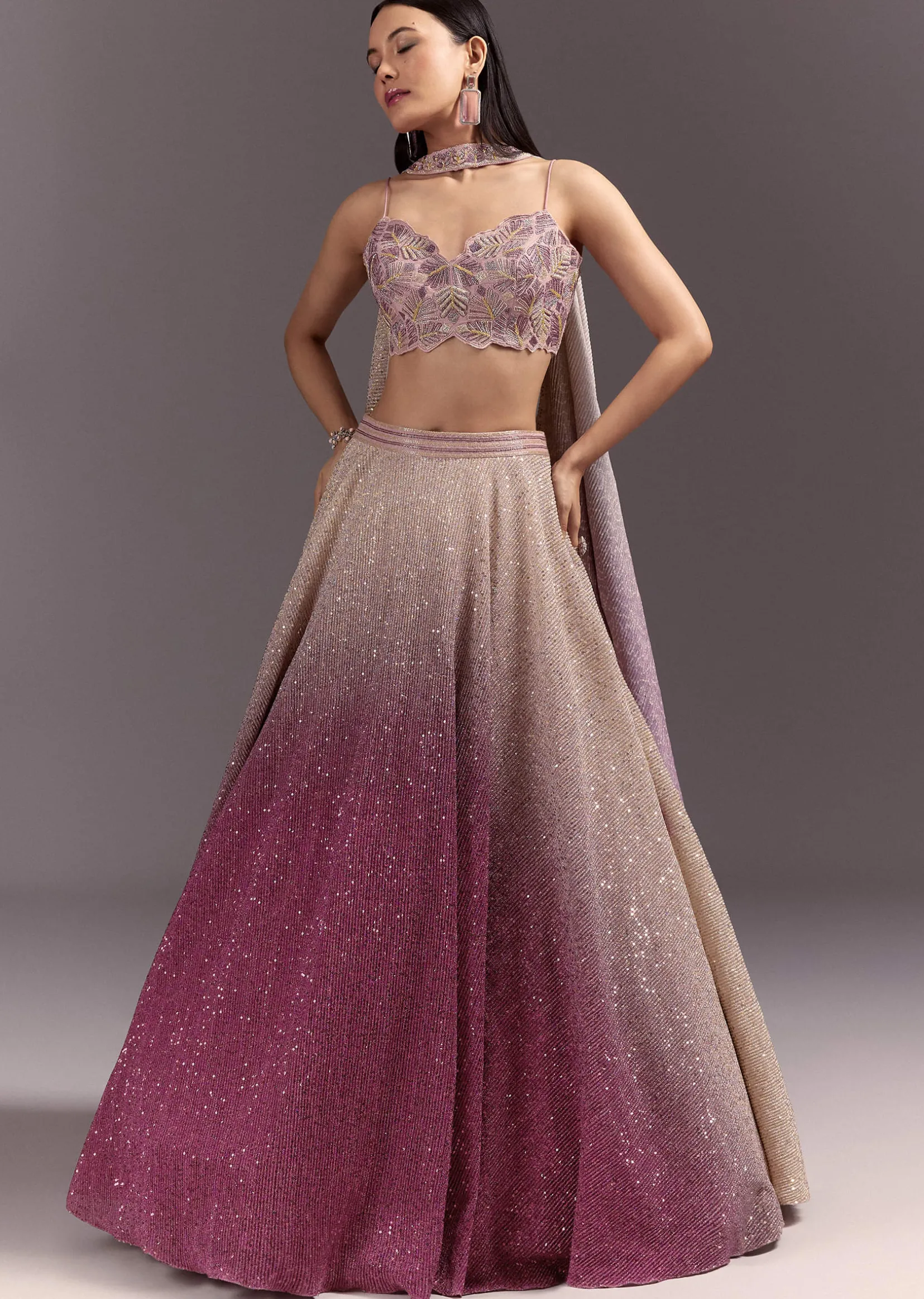 Pink Ombre Lehenga Dupatta Set With Heavily Worked Blouse