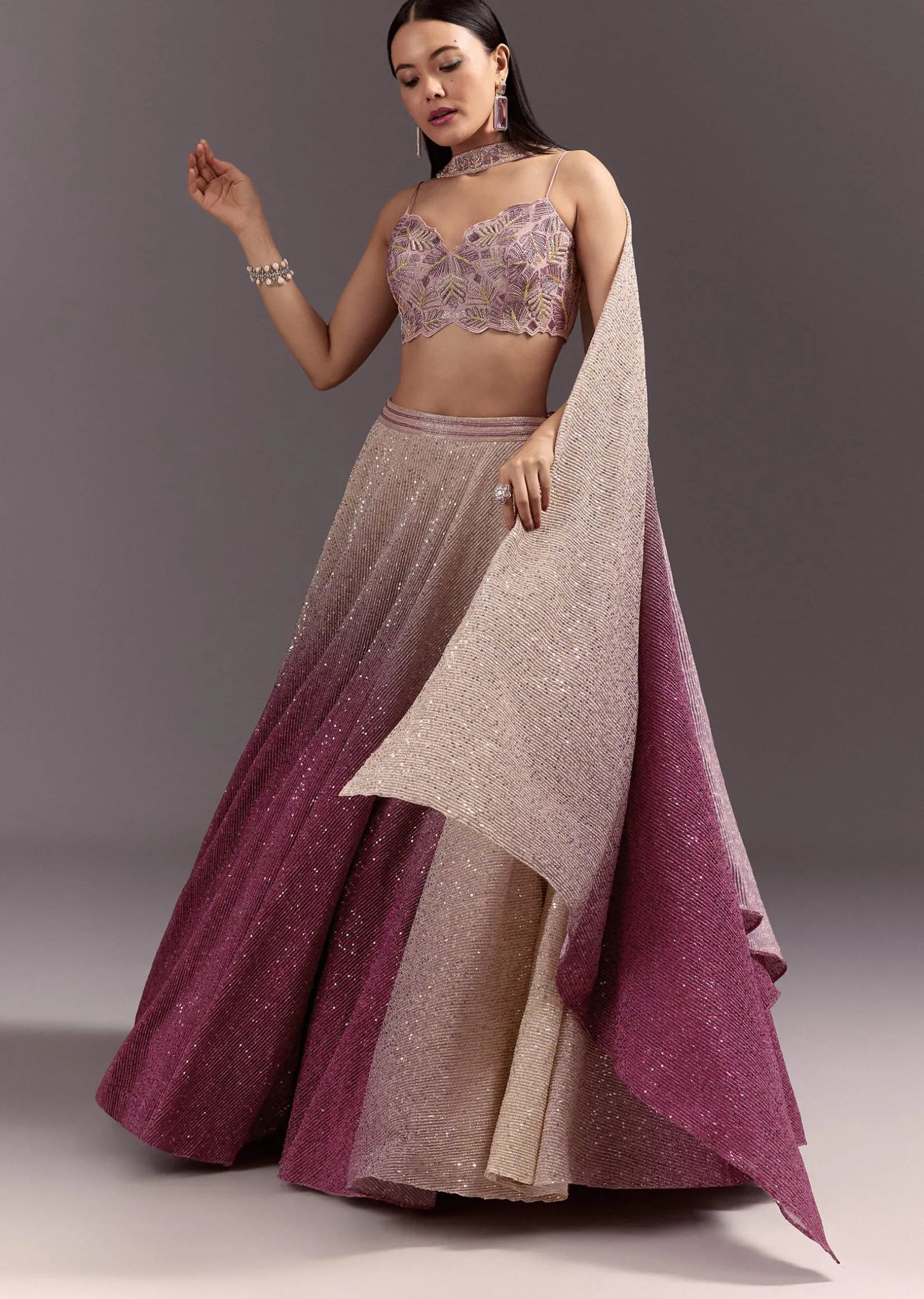 Pink Ombre Lehenga Dupatta Set With Heavily Worked Blouse