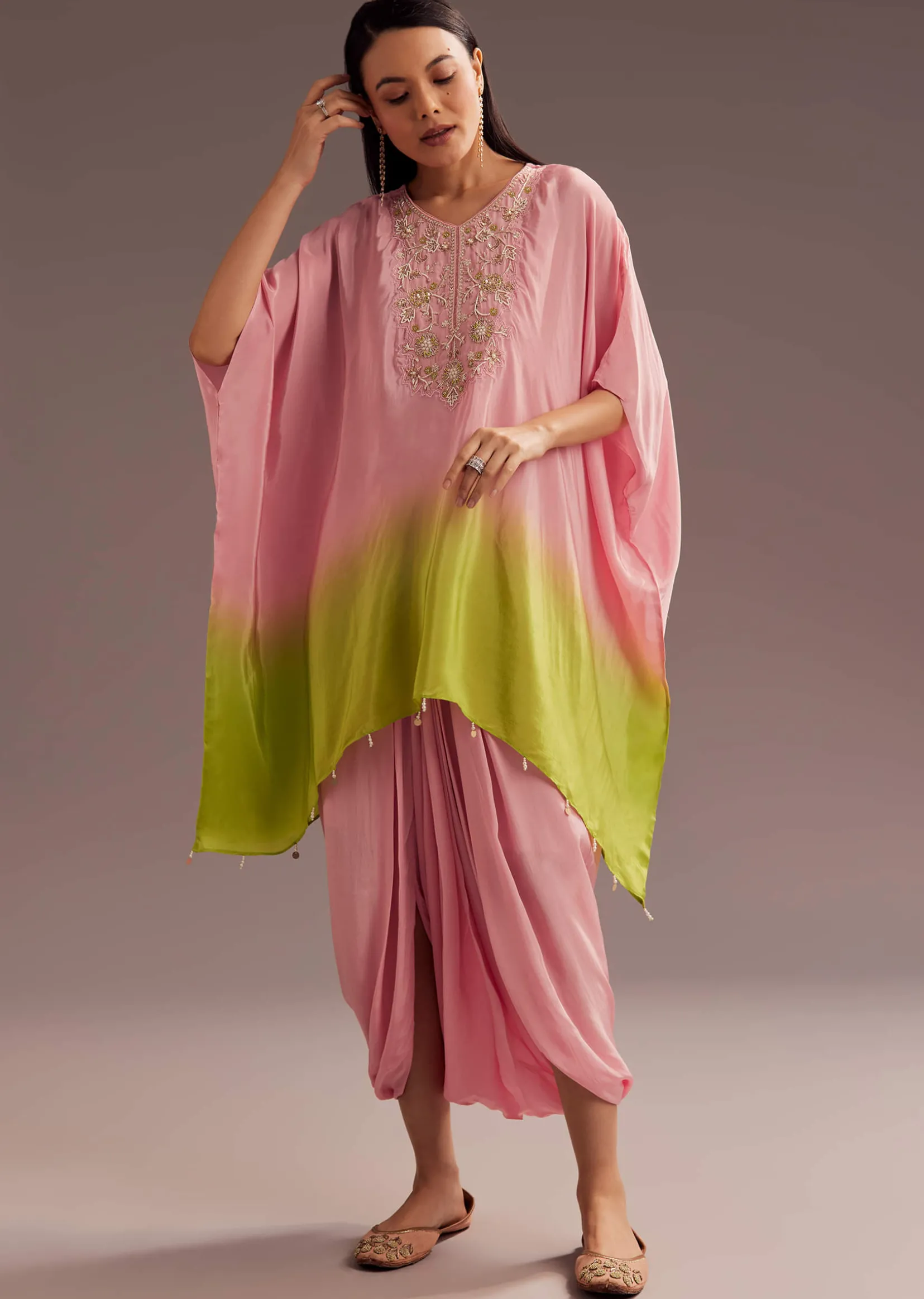 Pink Ombre Moti Zardosi Crepe Kaftan Kurta Dhoti Set