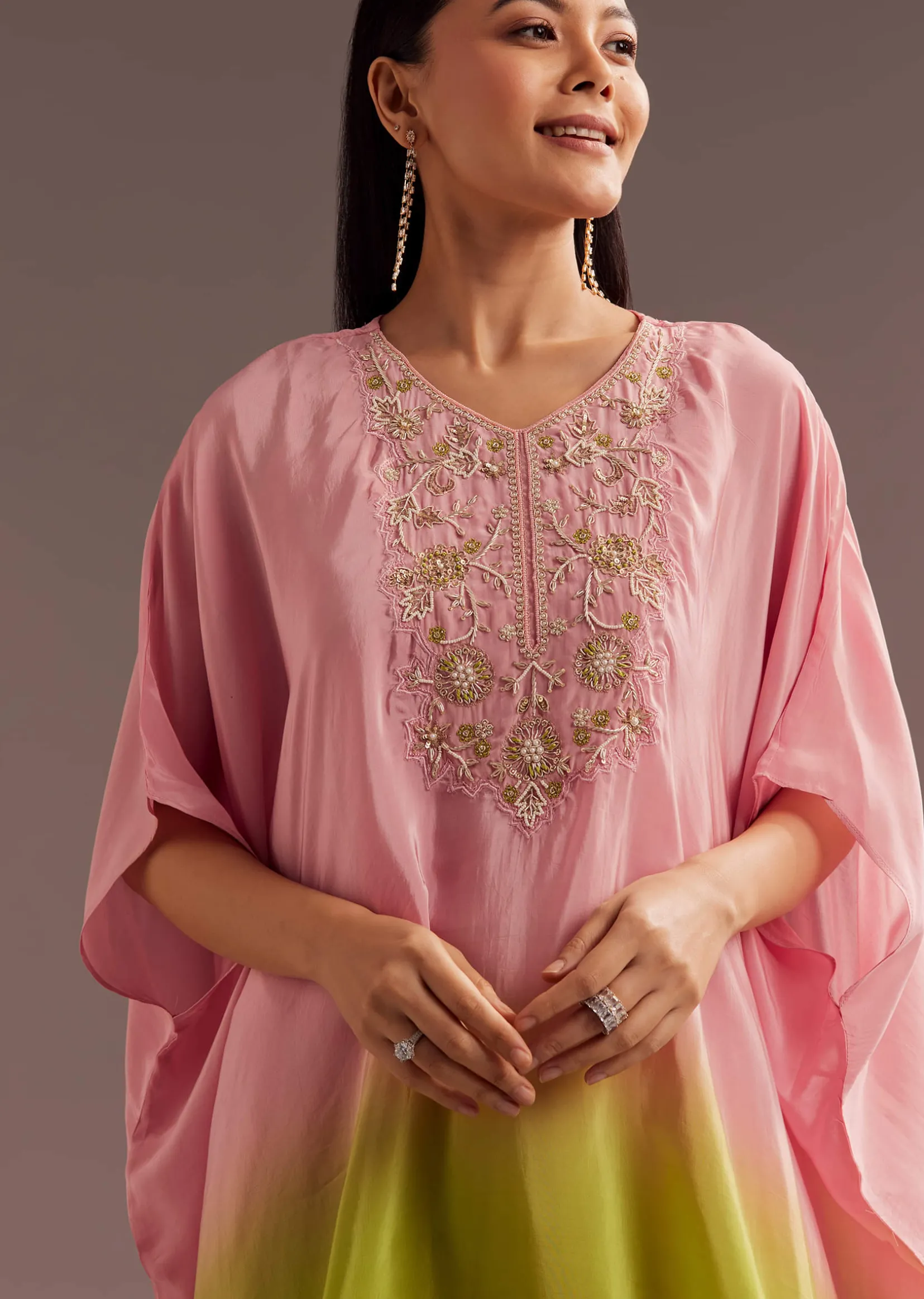 Pink Ombre Moti Zardosi Crepe Kaftan Kurta Dhoti Set
