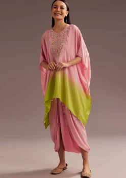 Pink Ombre Moti Zardosi Crepe Kaftan Kurta Dhoti Set