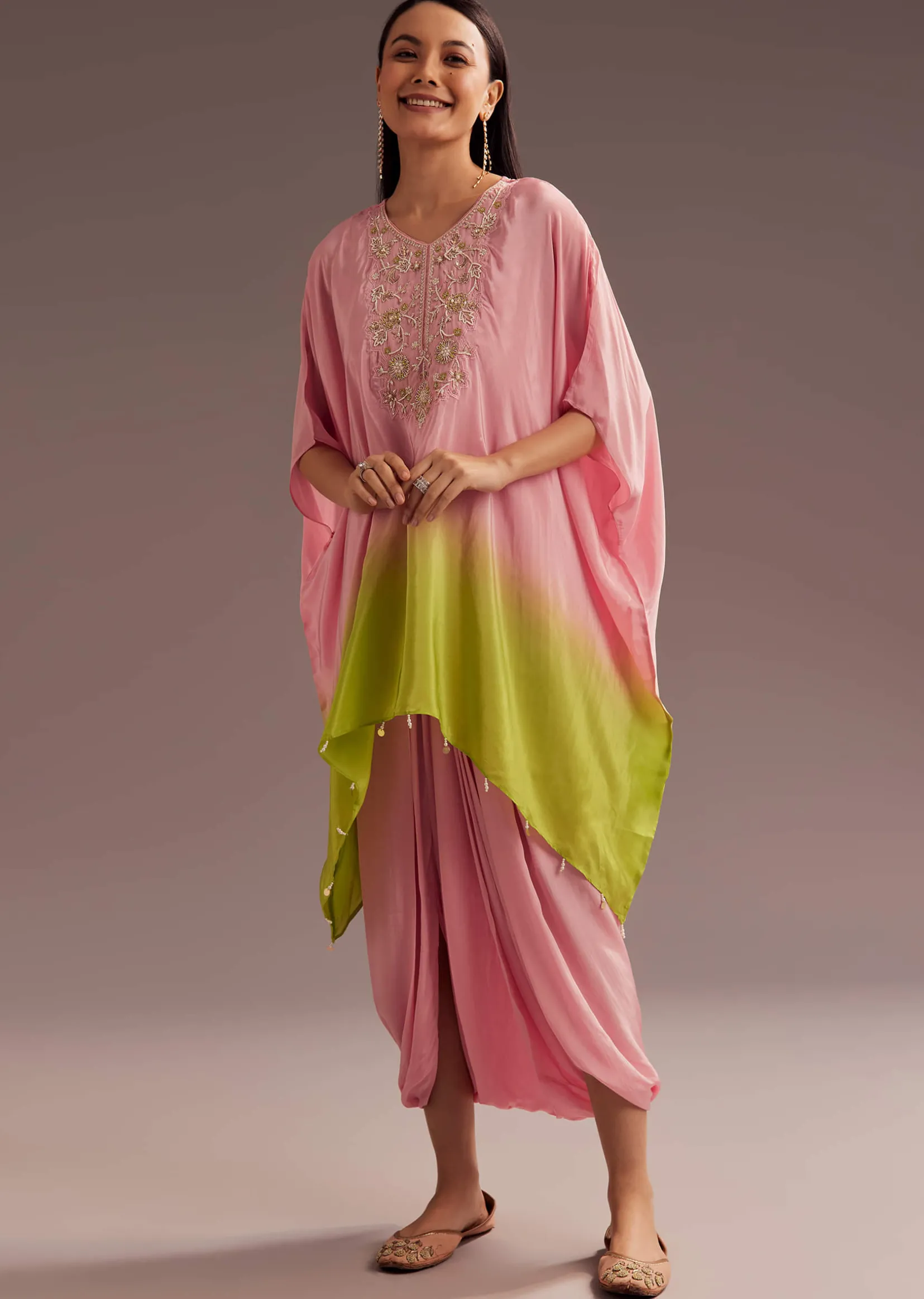 Pink Ombre Moti Zardosi Crepe Kaftan Kurta Dhoti Set