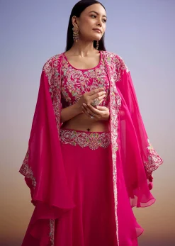 Pink Organza Crop Top And Skirt Set With Embroidered Cape
