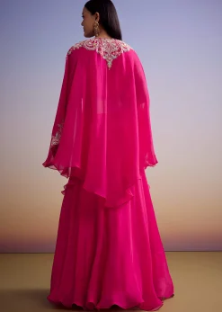Pink Organza Crop Top And Skirt Set With Embroidered Cape