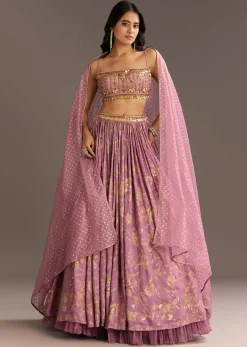 Pink Organza Double Layered Lehenga Set With Handwork Embroidery