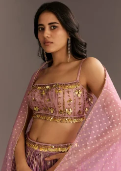 Pink Organza Double Layered Lehenga Set With Handwork Embroidery