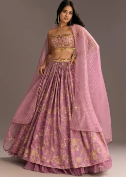 Pink Organza Double Layered Lehenga Set With Handwork Embroidery