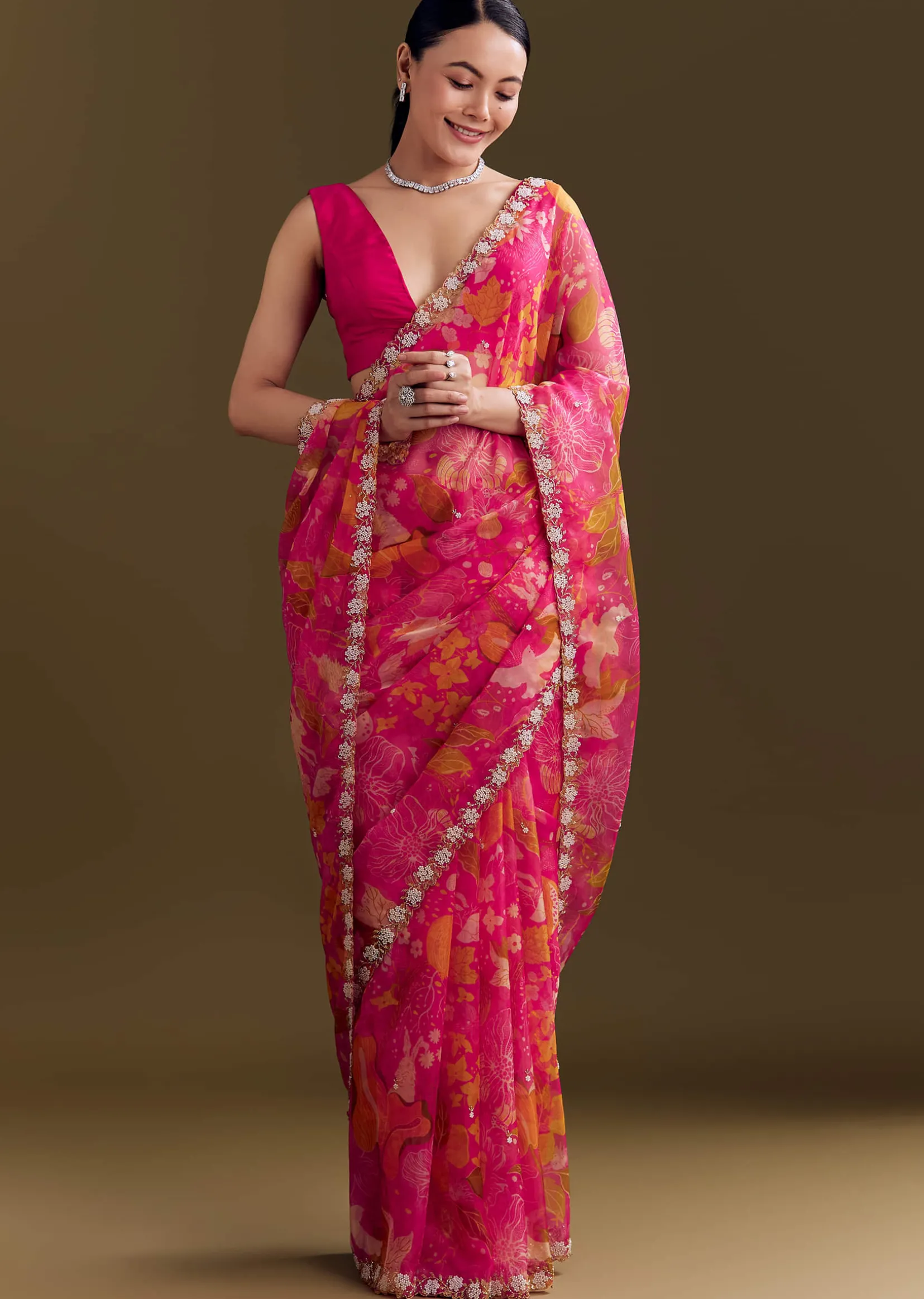 Pink Organza Floral Saree With Embellished Border