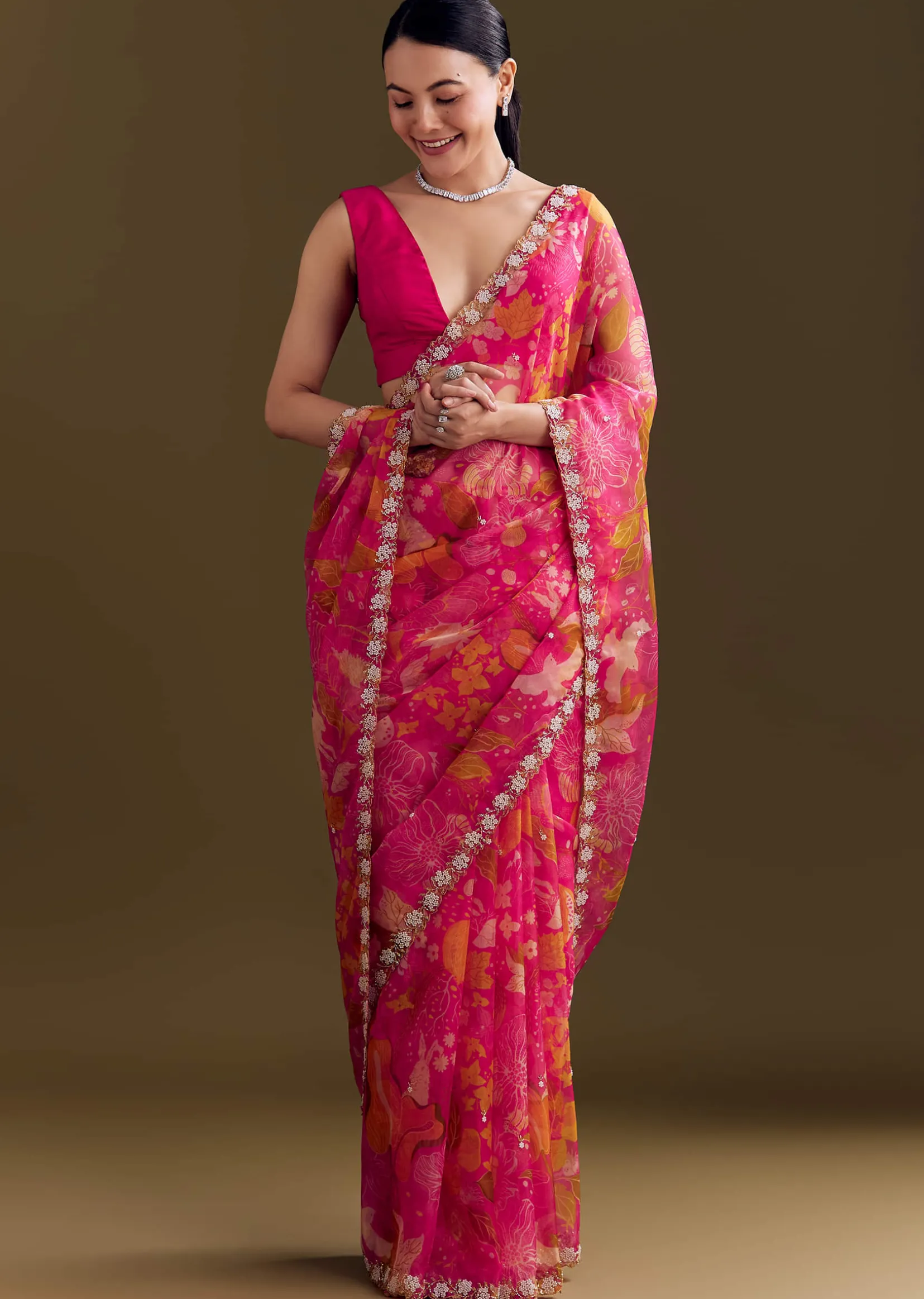 Pink Organza Floral Saree With Embellished Border
