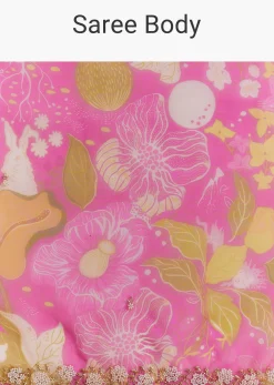 Pink Organza Floral Saree With Embellished Border