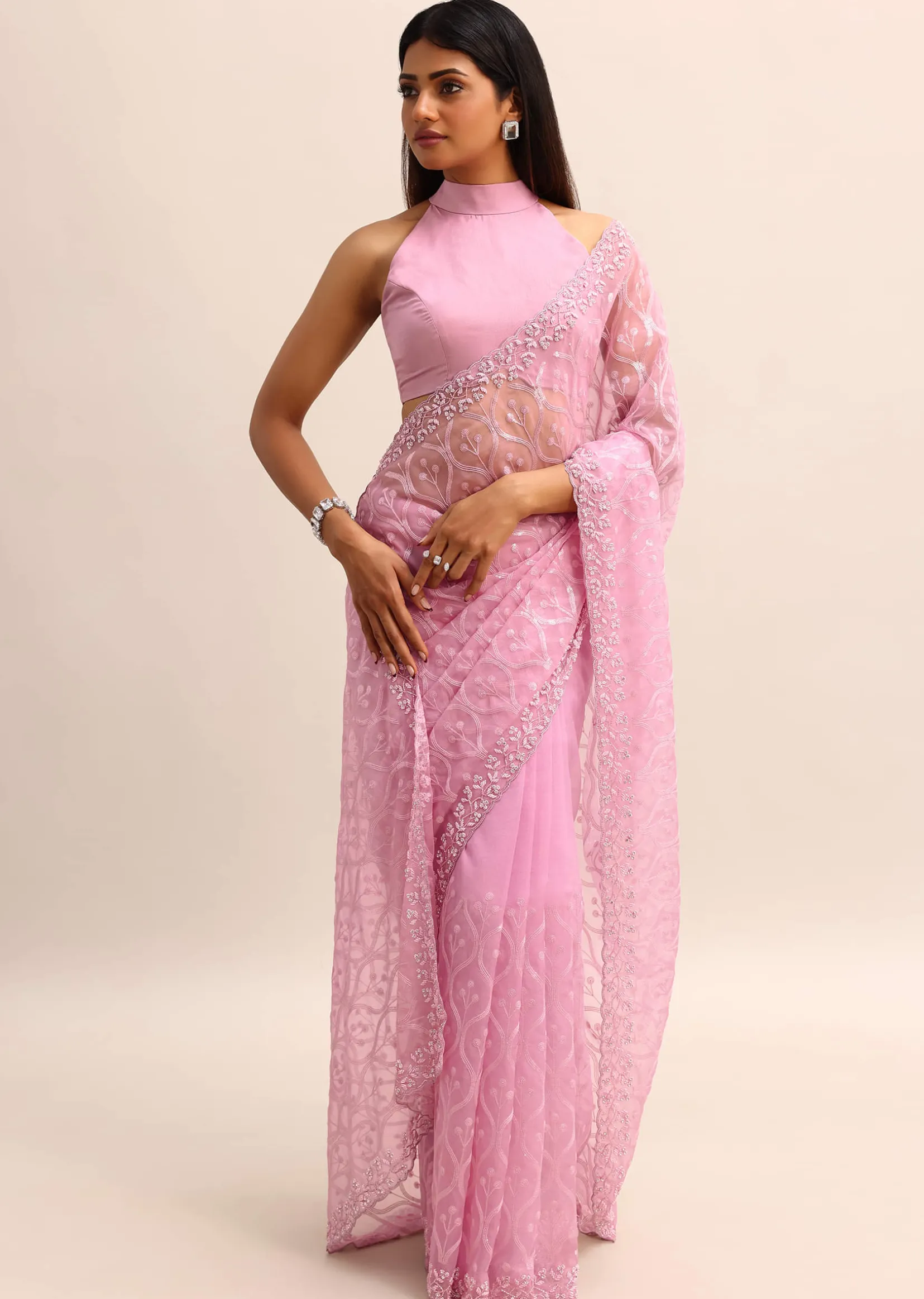 Pink Organza Saree With Embellished Scallop Border And Unstitched Blouse