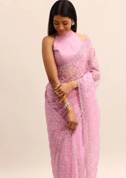 Pink Organza Saree With Embellished Scallop Border And Unstitched Blouse