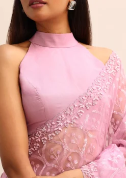 Pink Organza Saree With Embellished Scallop Border And Unstitched Blouse