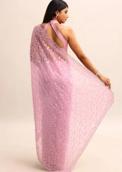 Pink Organza Saree With Embellished Scallop Border And Unstitched Blouse